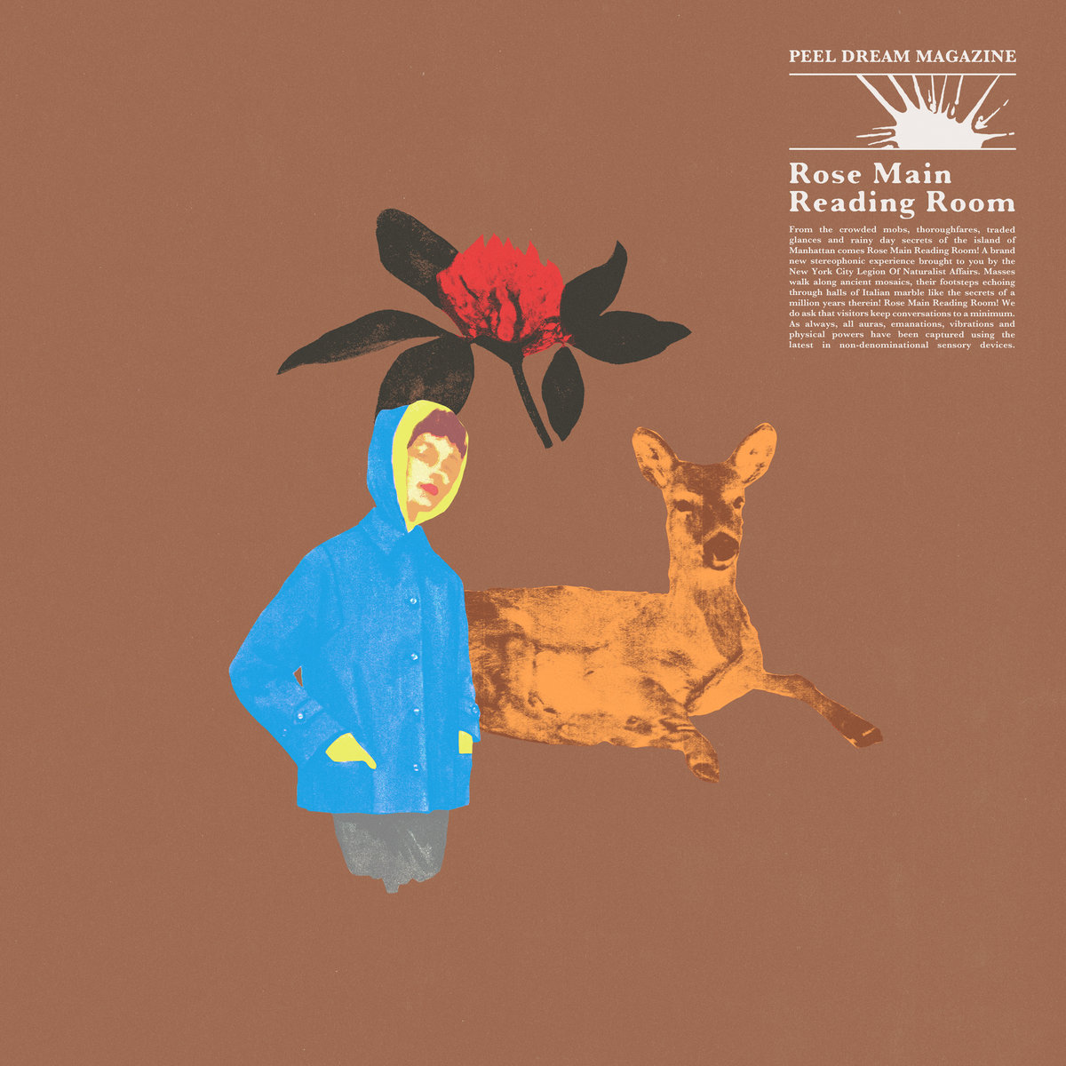 Peel Dream Magazine album cover, featuring somebody in a blue coat, a deer, and a flower