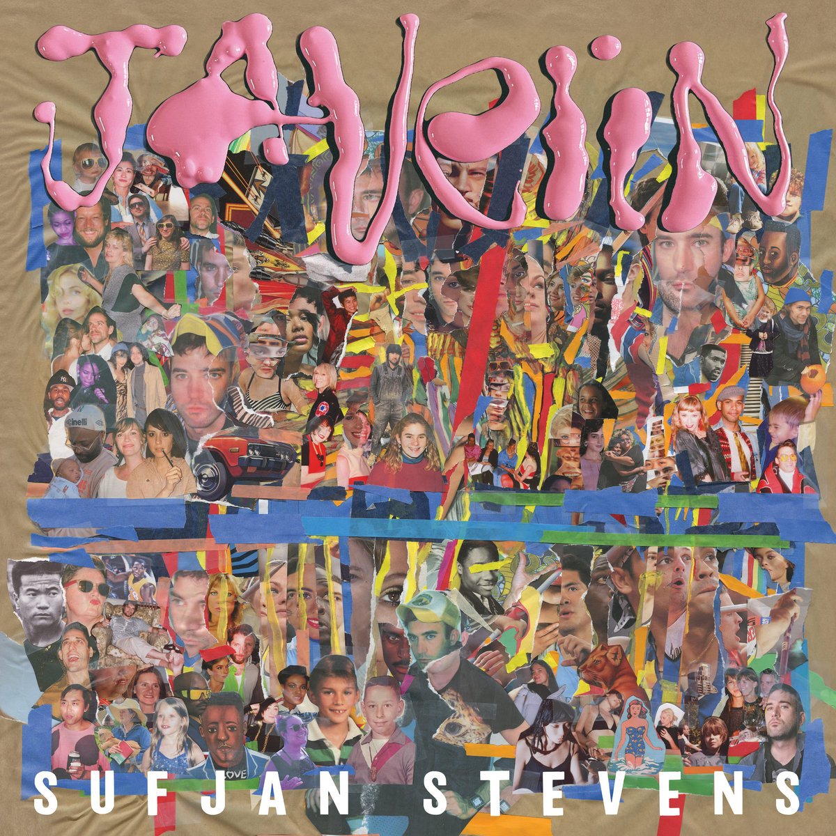 Cover of Sufjan Stevens' 2023 album, "Javelin." Dripped pink paint lettering on beige background with collaged images.